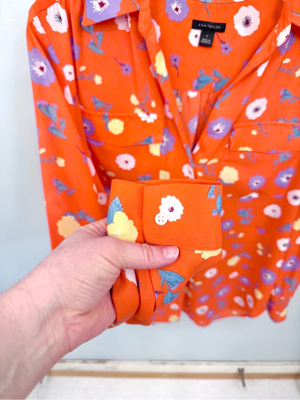 Ann Taylor Orange Floral Button-Front Blouse - Picture 7 of 9